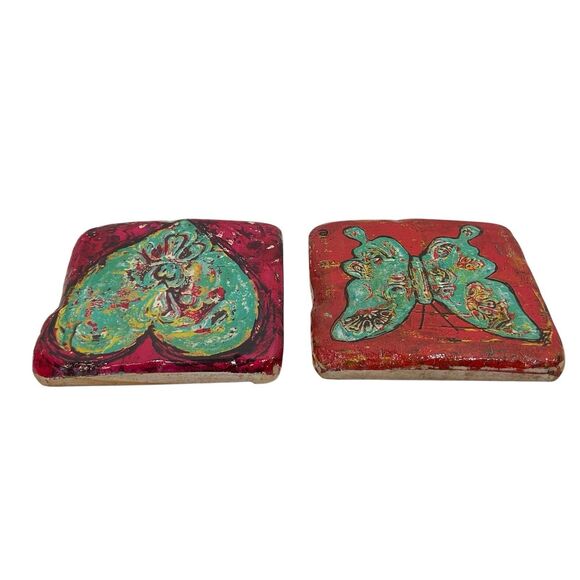 Handcrafted Coaster Set Whimsical 4"x4" Emily Little - Little e Studio W Holder - Picture 13 of 14